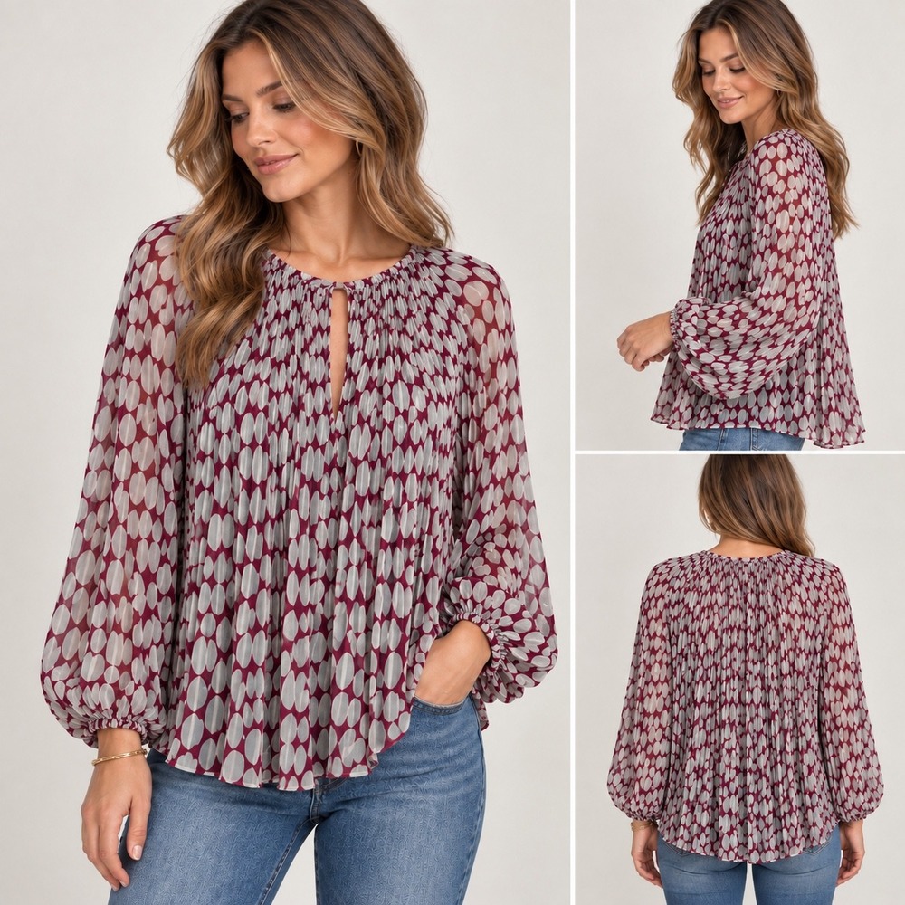 Diane von Furstenberg Pleated Blouse Womens 10 Burgundy Mint Geometric Balloon